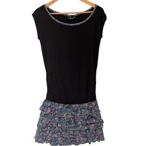 Only LimitLess Denim Tier Ruffle Black and Blue Floral Cinch Dress Size 34 XS